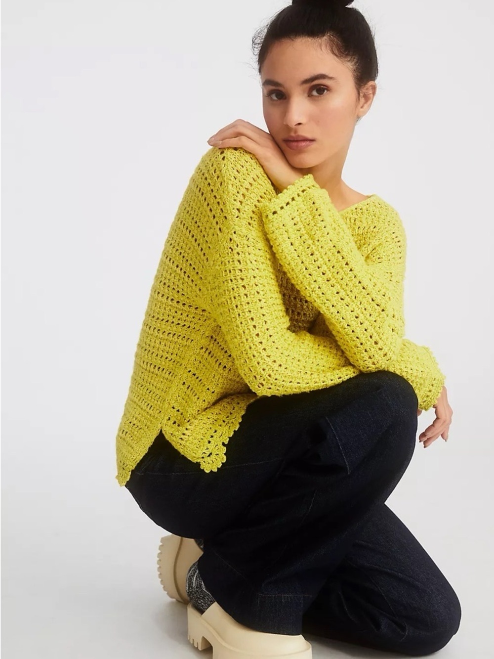 Anthropologie Lime Scalloped Knit Sweater XS Cottagecore Bright